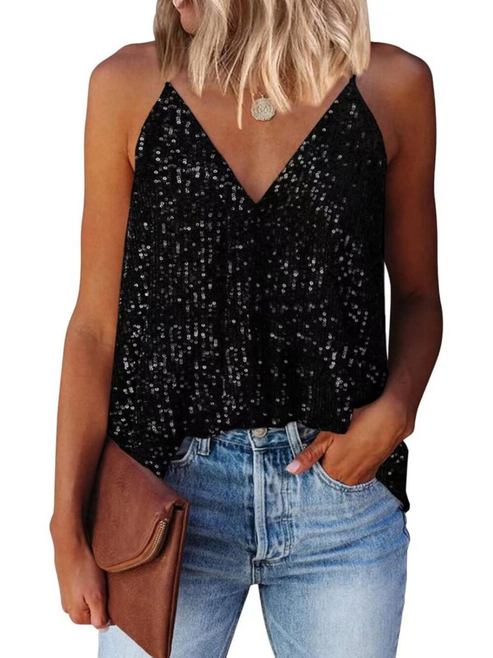 Summer Sparkle Sequin V-Neck Tank Top for Women - Stylish Sleeveless Shirt